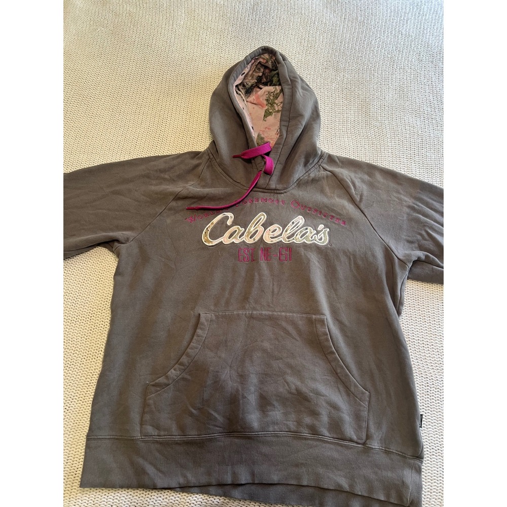 Cabelas Womens Hoodie Gray Pink Camo Lined Logo Pullover Sweatshirt Large